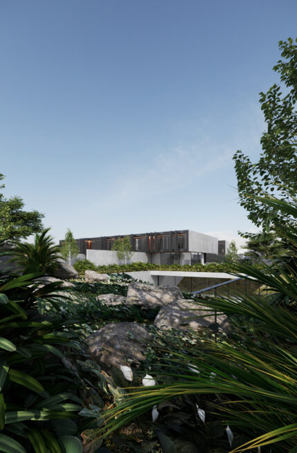 HU1950, Vila Nova de Gaia: render of the buildings on the horizon beyond a tall green garden, viewed from low among the plants