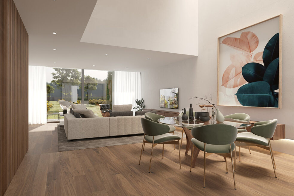 Vila do Conde Houses: render of a double-height living and dining room opening to the garden through glass
