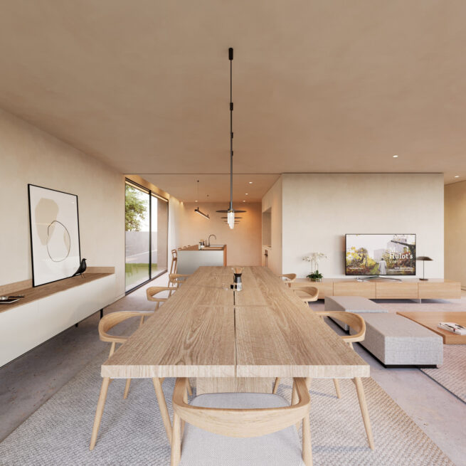 Avanca House, Avanca, Aveiro: render of a long wooden dining table running toward the living area under pendant lights