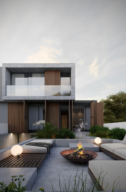Garden render of Chieiras House in Vila Nova de Gaia with the fire pit lounge in front of the wood-clad facade