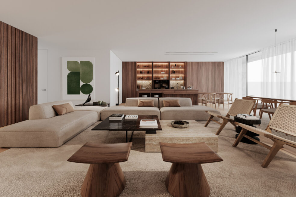 Paranhos House, Porto: render of a living room with low wooden stools, a large sofa and a lit shelving wall