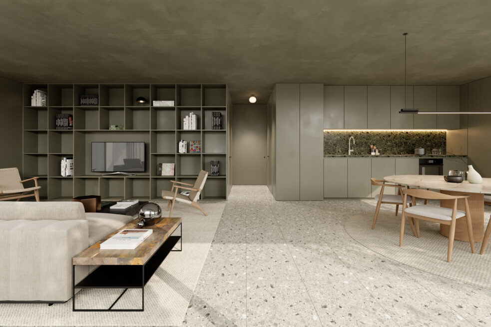 Render of an open-plan apartment of Guest House 207 in Paredes with sofa, shelving, dining table and kitchen