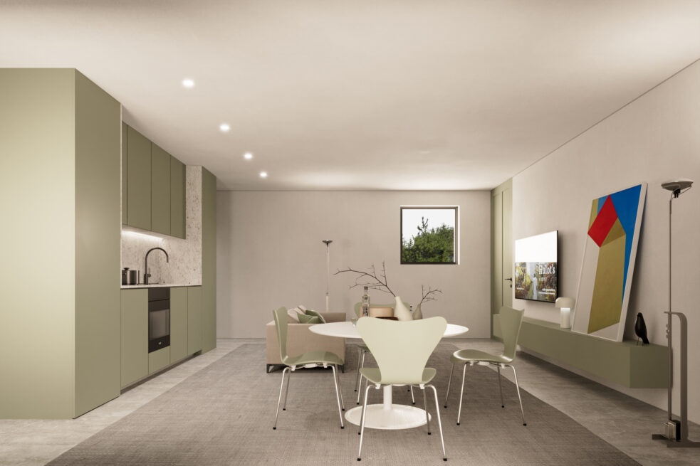 Nogueira Rural Tourism, Lousada: render of the kitchen with green cabinets and the dining table, a colourful painting on the wall