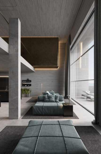 Areal House, Matosinhos: render of a sitting area beside tall glazing, a slender column and bronze-toned panel above