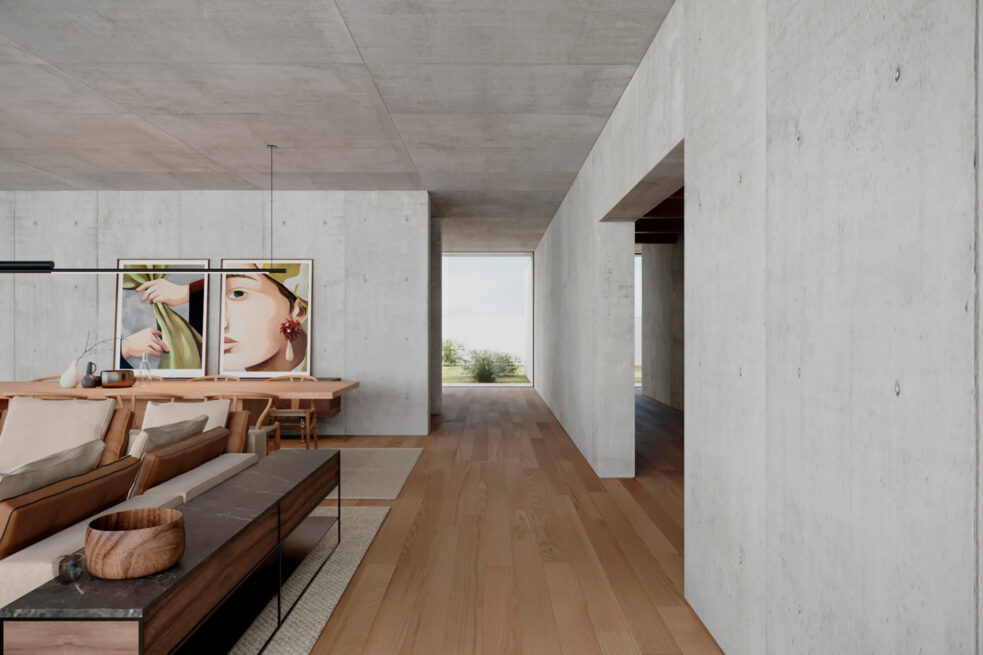 FH House, Esmoriz, Ovar: render looking from the living room into a passage between grey walls and a doorway