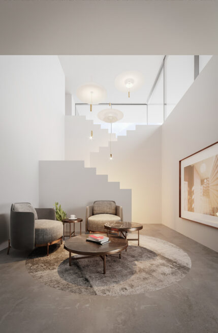 ST House, Santo Tirso: render of a sitting area with armchairs and a round table at the foot of a white staircase