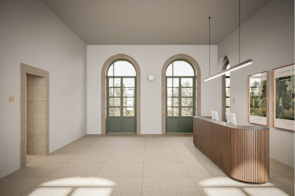 Amarante Train Station: reception render inside the station with arched green doors and a ribbed wooden counter