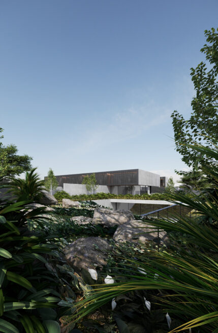 Render of the HU1950 in Vila Nova de Gaia volumes framed by trees and foliage under a clear sky