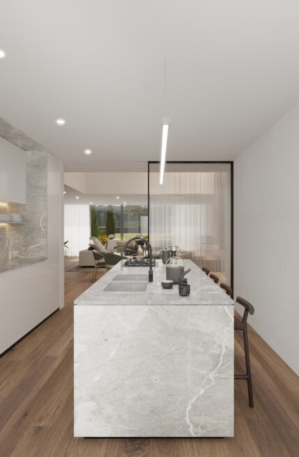 Vila do Conde Houses: render of a kitchen with a veined island counter and a view through to the living room