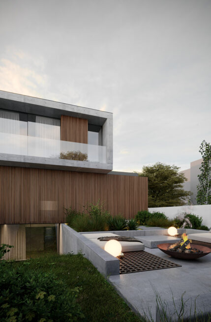 Chieiras House, Vila Nova de Gaia: render from the lawn towards the lower terrace and the timber-toned rear elevation