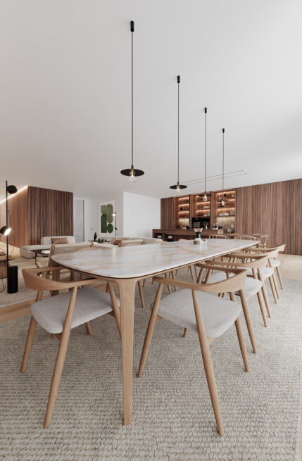 Paranhos House, Porto: render of a dining table with wooden chairs under thin pendant lights, panelled shelving behind