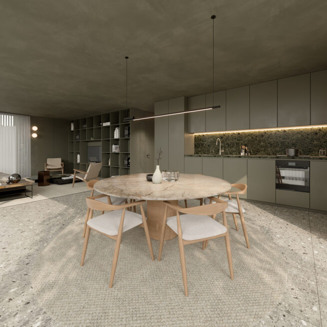 Guest House 207, Paredes: round dining table with wooden chairs in front of a green kitchen wall with a lit backsplash