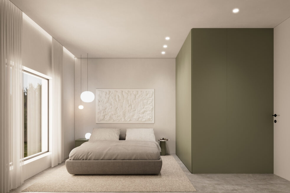 Nogueira Rural Tourism, Lousada: render of a bedroom with a double bed, a textured artwork and a tall green wardrobe