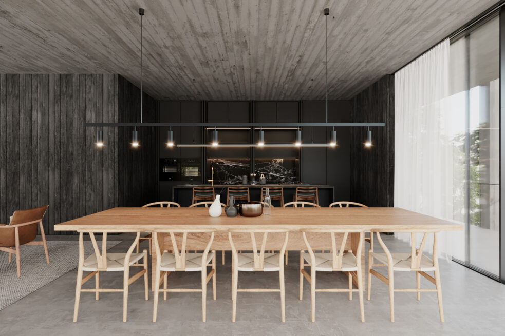 CC House, Marco de Canaveses: render of a long wooden dining table with pendant lights in front of a dark kitchen wall