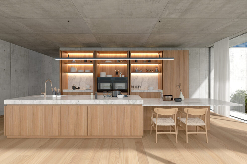 FH House, Esmoriz, Ovar: kitchen render with a long island, stools and lit shelving set in warm-toned cabinets