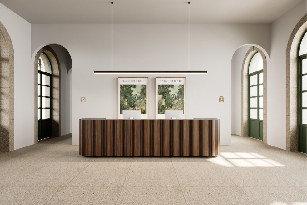 Amarante Train Station: render of a white hall with a wooden reception desk between two arched doorways