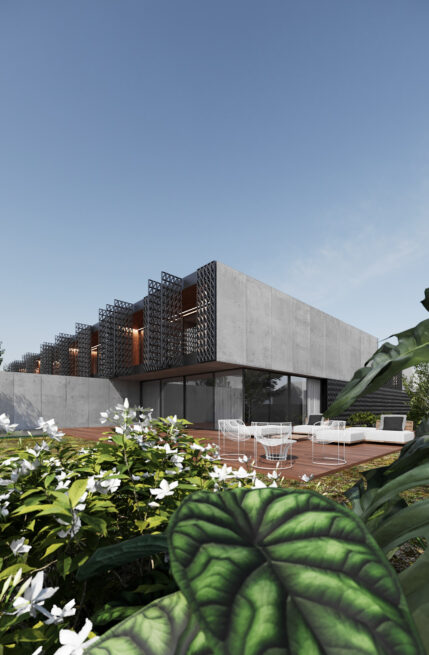 HU1950, Vila Nova de Gaia: render of the stepped housing volumes rising above a planted garden with broad leaves in front
