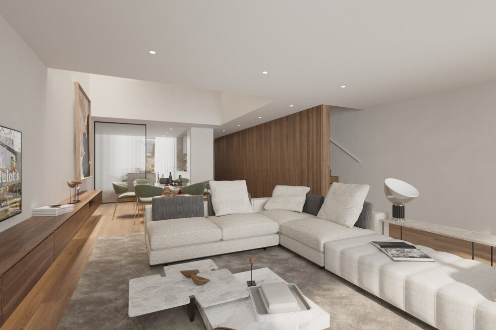 Vila do Conde Houses: living room render of a Vila do Conde house, a sectional sofa beside a panelled stair wall