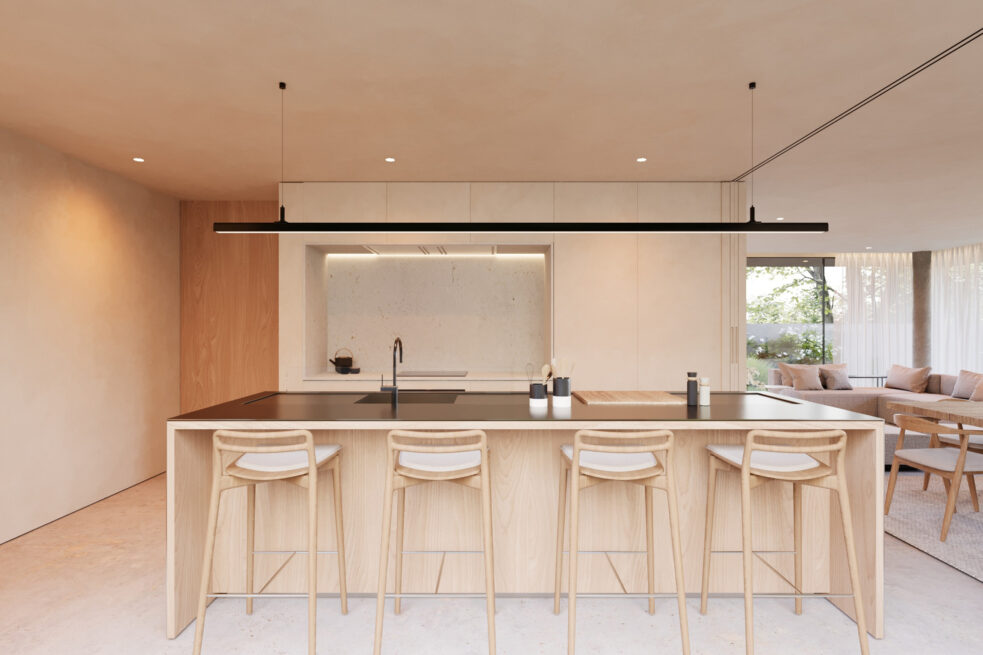 Avanca House, Avanca, Aveiro: render of a kitchen island with four wooden stools and a linear pendant light