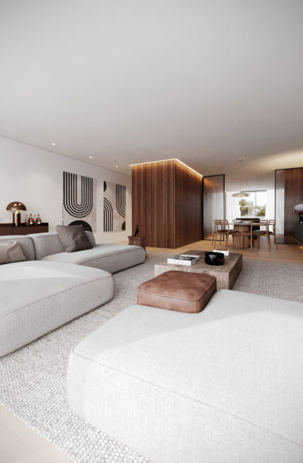 Chieiras House, Vila Nova de Gaia: living room render with a light sofa, leather pouf and a wood-panelled volume beyond