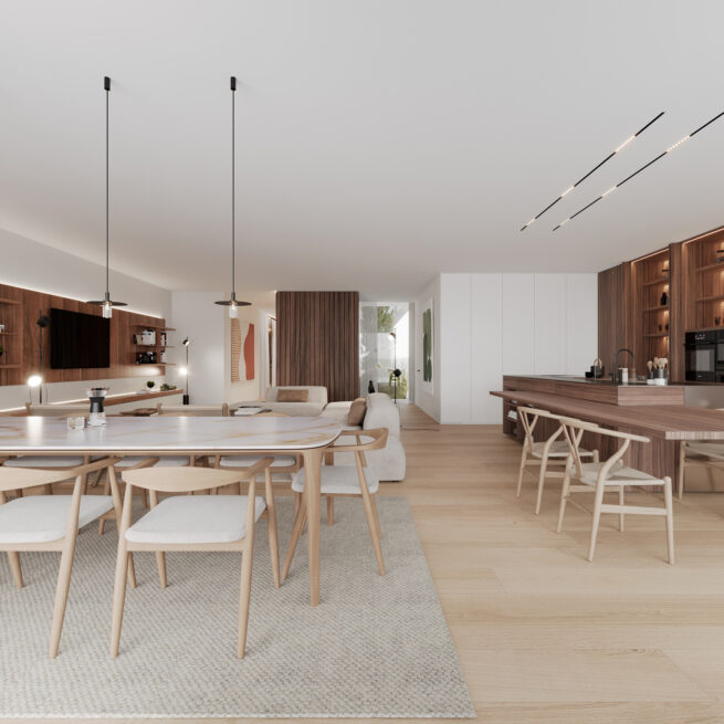 Render of the open kitchen and dining space of the Paranhos house in Porto with a long island and pendant lights