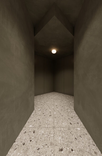 Guest House 207, Paredes: narrow passage with green walls and a single ceiling light above a speckled floor