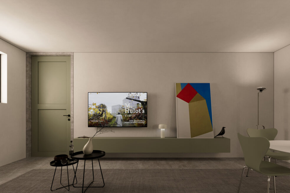 Nogueira Rural Tourism: render of the living area of the Lousada rural house with a television and a low green cabinet