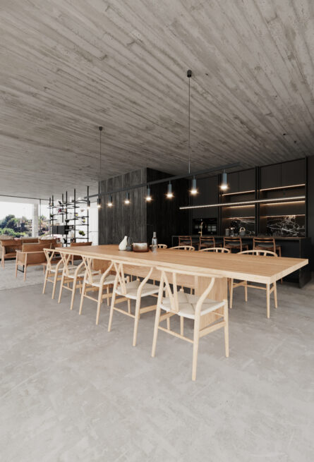 CC House, Marco de Canaveses: dining table seen along its length, the glazed facade and kitchen units beyond