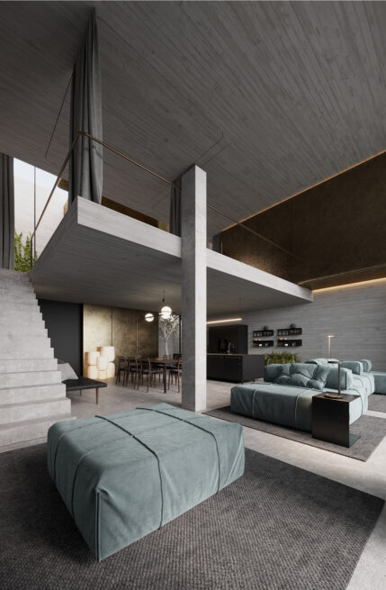 Areal House, Matosinhos: render from beneath the mezzanine towards the kitchen and the living room