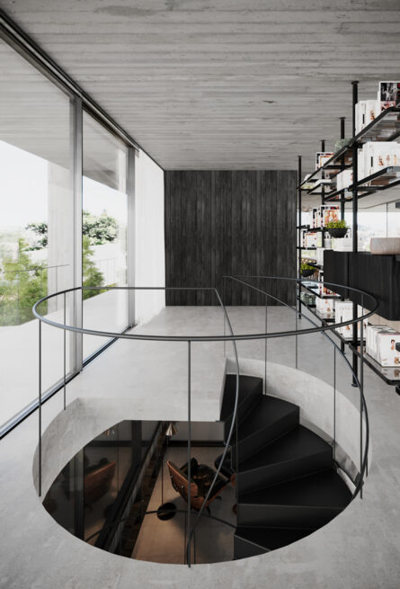 CC House, Marco de Canaveses: spiral staircase descending through a round opening in the floor, with a glass guard
