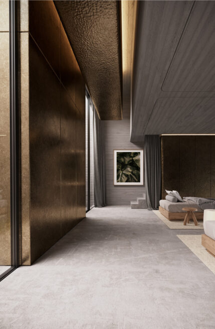 Areal House, Matosinhos: corridor render between bronze-toned panels and grey walls, leading to a bedroom
