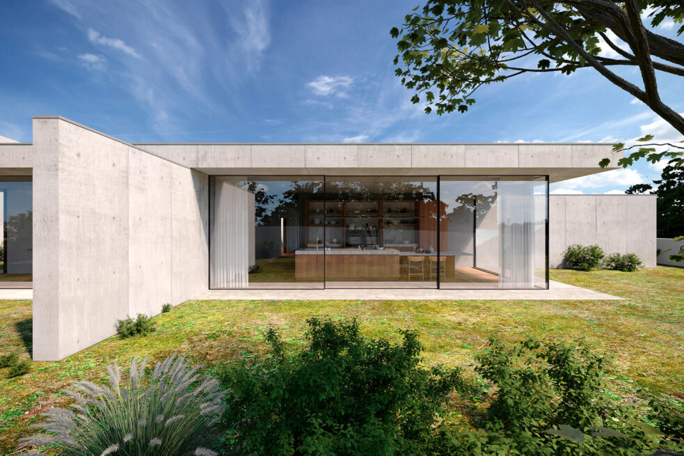 Render of the garden facade of FH House in Esmoriz, Ovar, a glazed room tucked under the flat roof