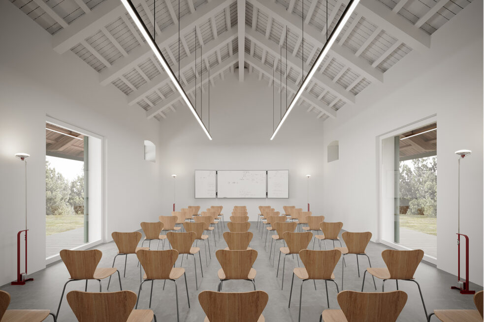 Amarante Train Station: render of a white meeting room under a pitched ceiling, rows of chairs facing a screen