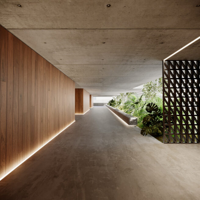 HU1950, Vila Nova de Gaia: render of a covered passage with a warm-toned wall, a lit floor strip and a planted opening