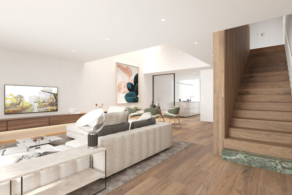 Vila do Conde Houses: render of the living area beside a staircase clad in warm-toned panels