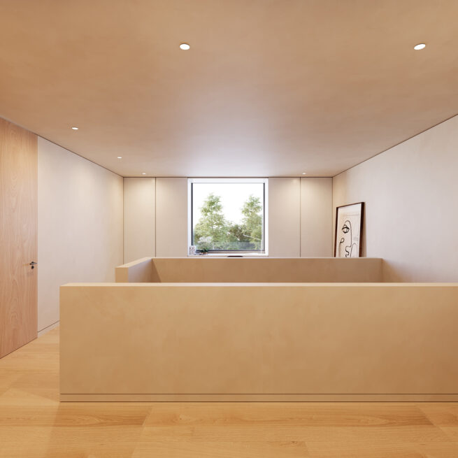Avanca House, Avanca, Aveiro: upper landing with a solid parapet around the stairwell and a single window beyond