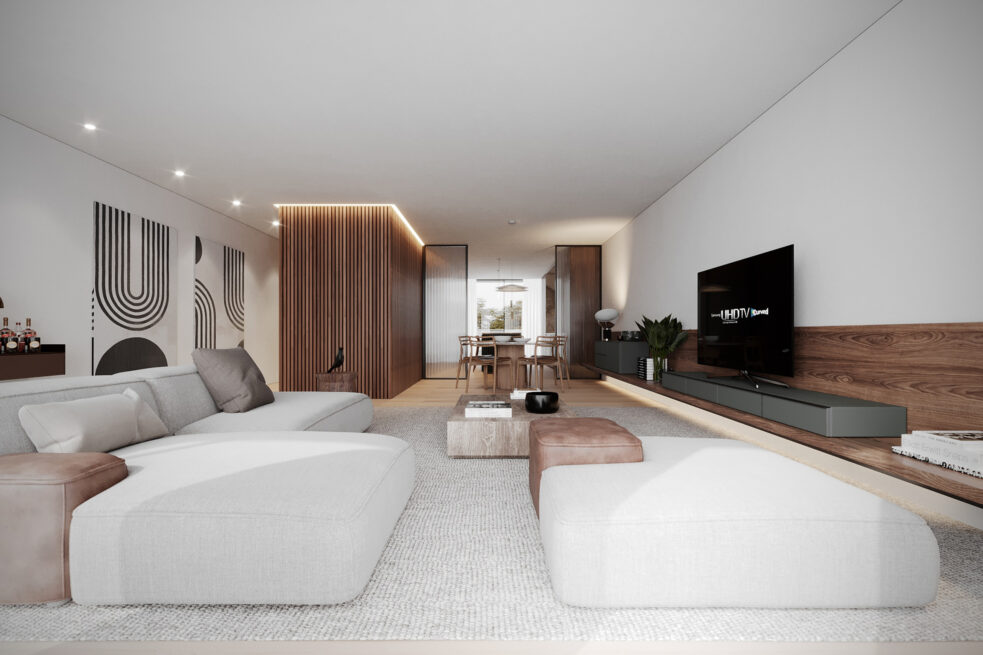 Chieiras House, Vila Nova de Gaia: render of the long living room with a low sofa, media wall and dining area at the far end