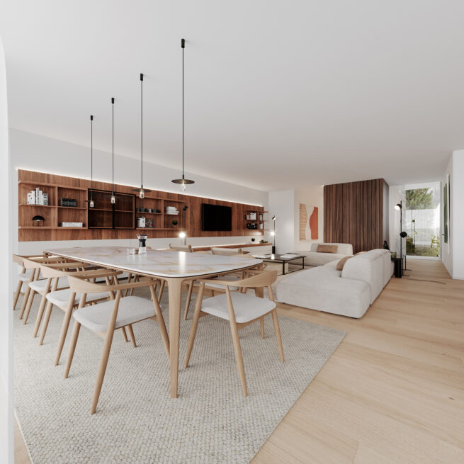 Paranhos House, Porto: render of the dining table and sofa set in front of a long panelled wall of open shelves