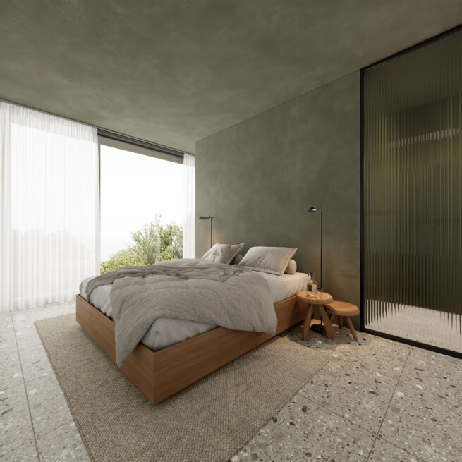 Guest House 207, Paredes: render of a bedroom with a wooden bed beside tall curtained windows and a ribbed glass screen