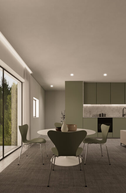 Nogueira Rural Tourism, Lousada: render of a round dining table with green chairs beside a tall window and the kitchen