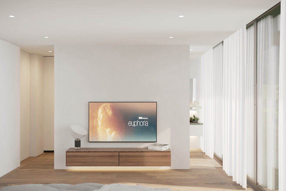 Vila do Conde Houses: render of a room with a television on a low cabinet and sheer curtains over tall windows