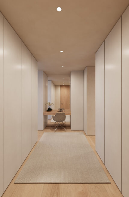 Avanca House, Avanca, Aveiro: corridor lined with built-in cupboards leading to a small desk at the end