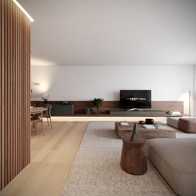 Chieiras House, Vila Nova de Gaia: living area visualisation seen past a slatted wood screen, sofa facing the television wall
