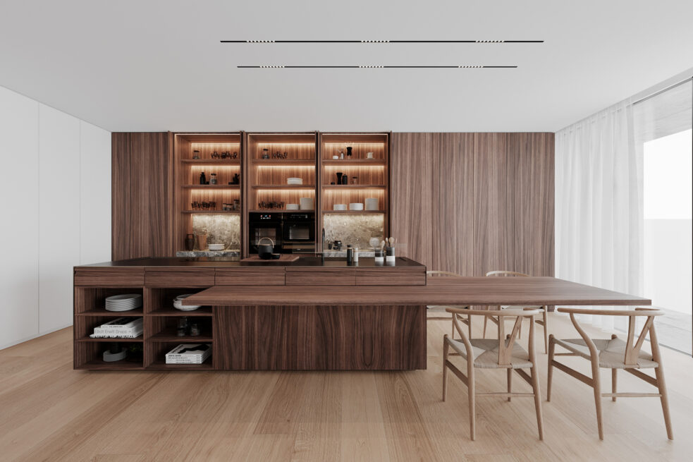 Paranhos House, Porto: render of a kitchen island in front of a tall panelled wall with lit niches