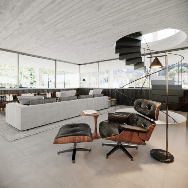 CC House, Marco de Canaveses: render of a lounge chair and footstool beside a sculptural spiral stair rising to a skylight