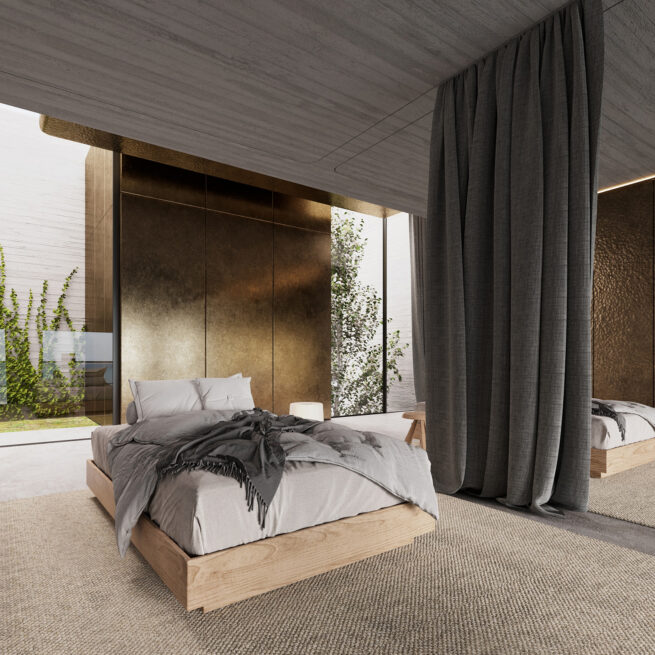Areal House, Matosinhos: bedroom visualisation with a low bed, bronze-toned wall and heavy grey curtains by a garden window