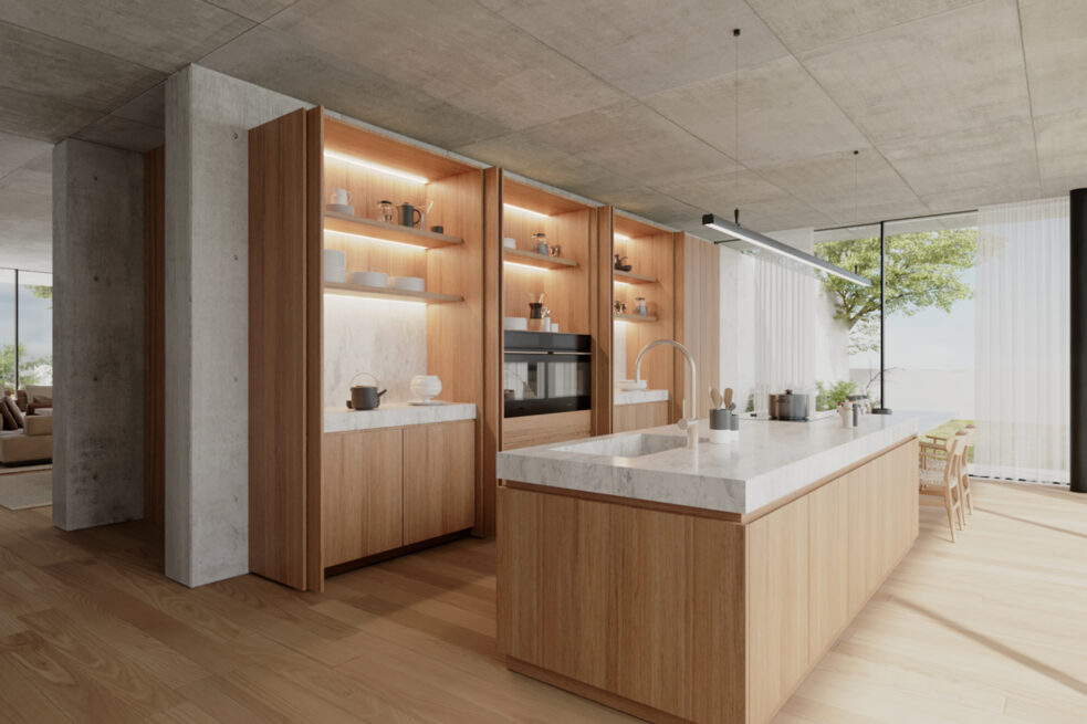 FH House, Esmoriz, Ovar: render of the kitchen island and tall cabinets beside a glass wall to the trees