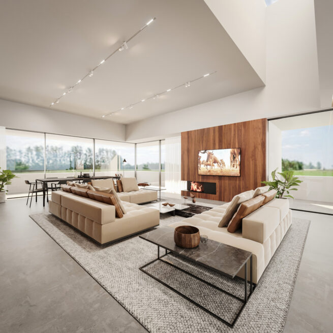ST House, Santo Tirso: living room render with two large sofas, a panelled wall with a television and wide glazing