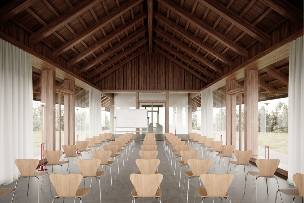 Amarante Train Station: visualisation of the warehouse as an event space, rows of chairs beneath an exposed wooden roof