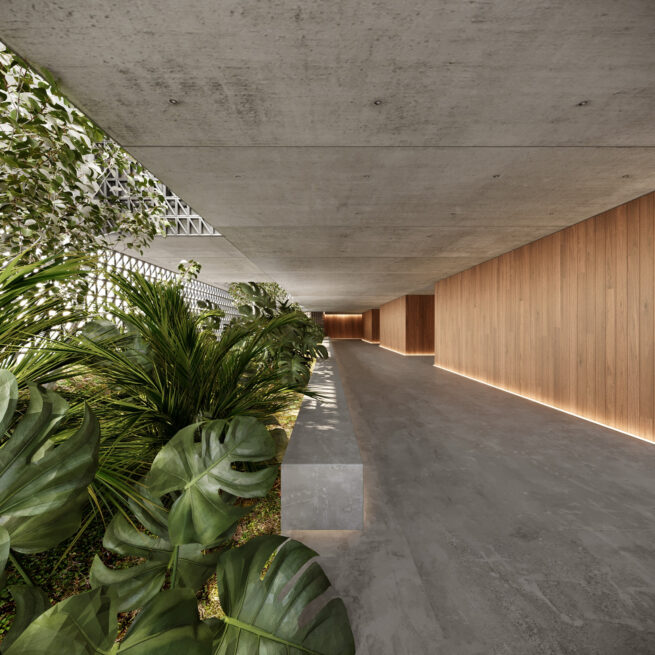 HU1950, Vila Nova de Gaia: render of the same covered passage seen from among the plants, leading toward the street
